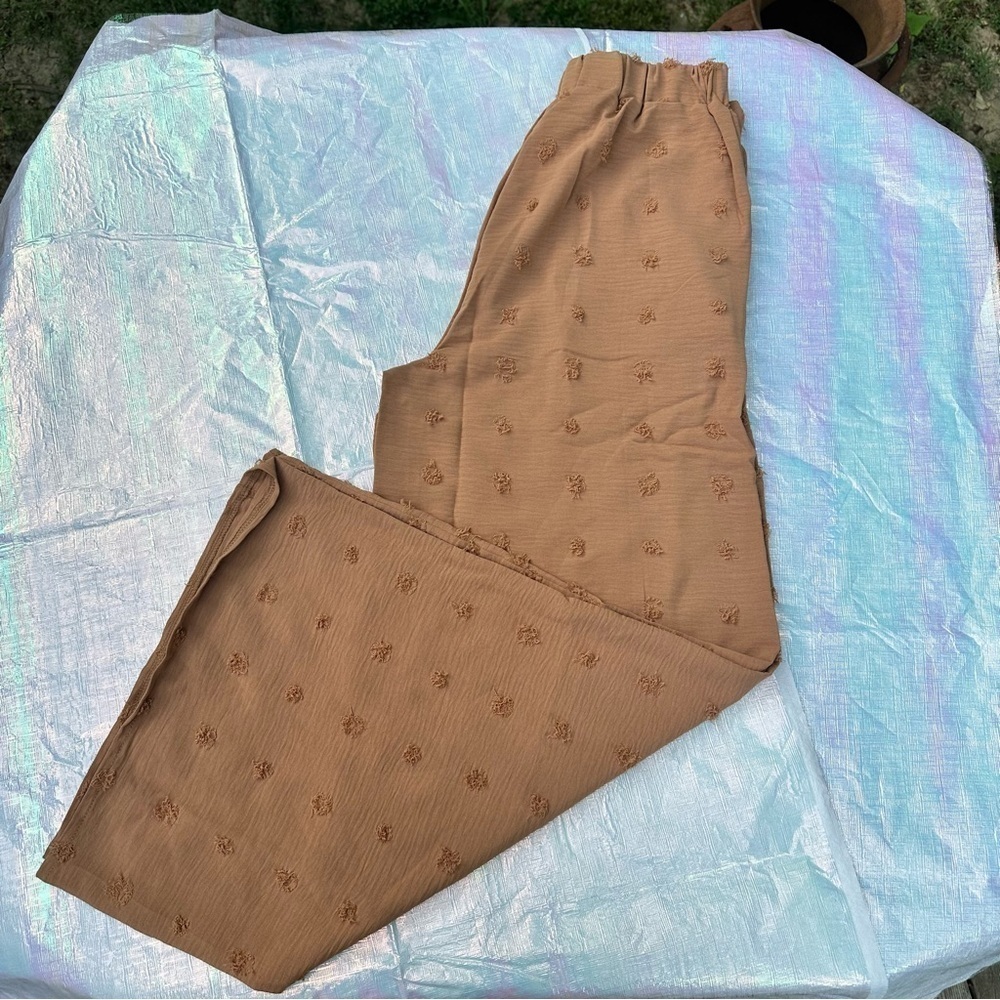 NIB Caramel Polka Dots High Waist Pants Wide Leg Solid Soft Comfortable Small - Picture 4 of 8